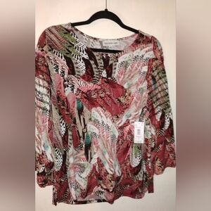 XL Southern Lady 3/4 Smocked Sleeve Callie Feather Print Top